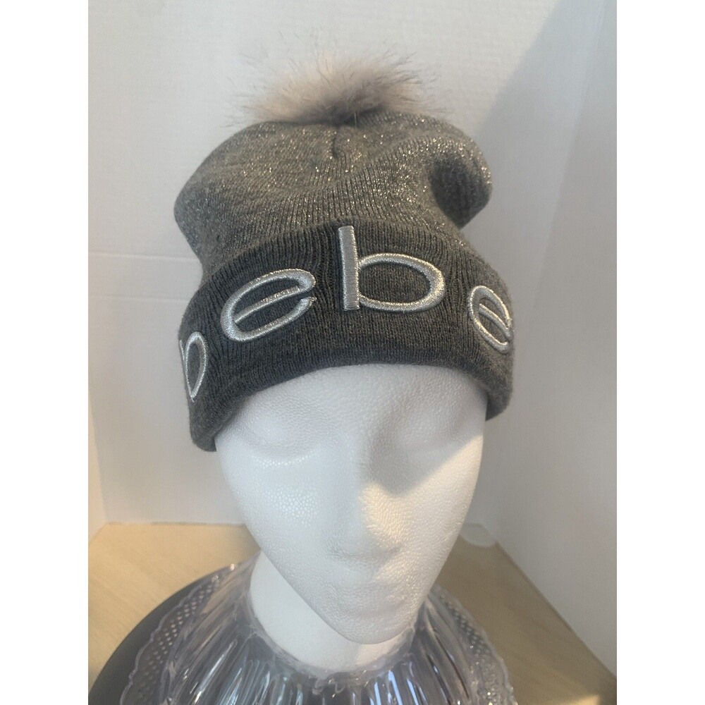 BEBE Women's Silver/Gray Beanie With Puff Unisex One size Used Very Good Shape